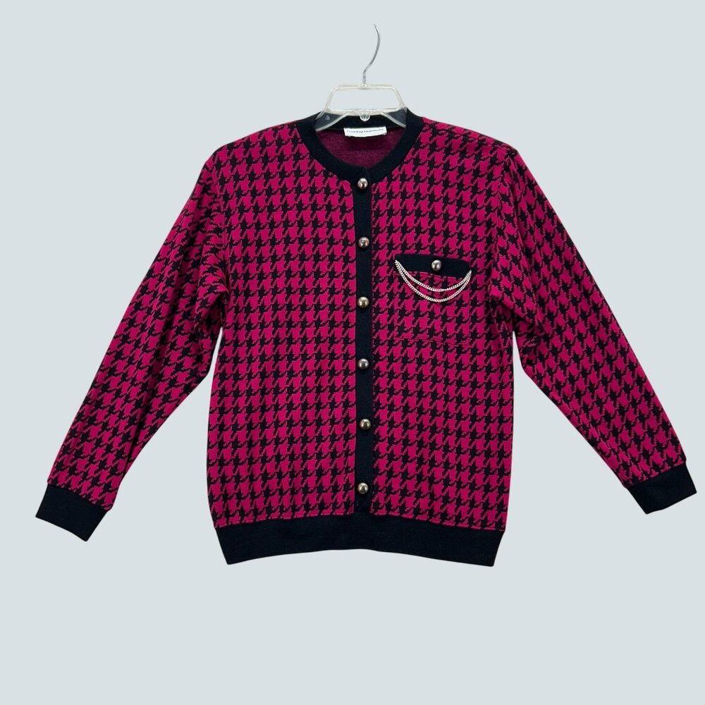 Cathy Daniels Houndstooth Button-Up Cardigan With Chain Accent Pocket Size M